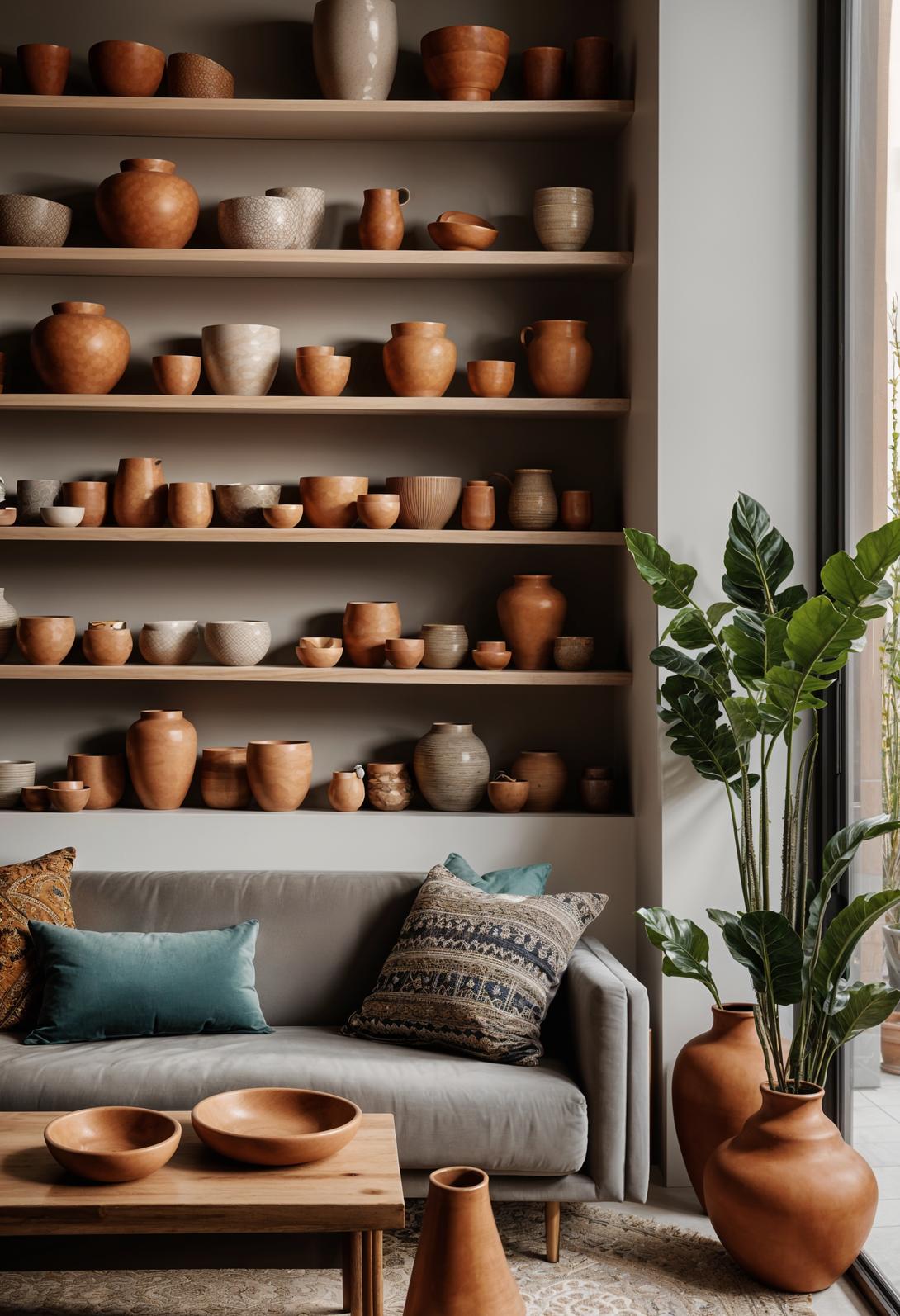 45 Chic & Modern Boho Living Room Ideas To Copy 92 45. Artisan Clay Pot Display-0