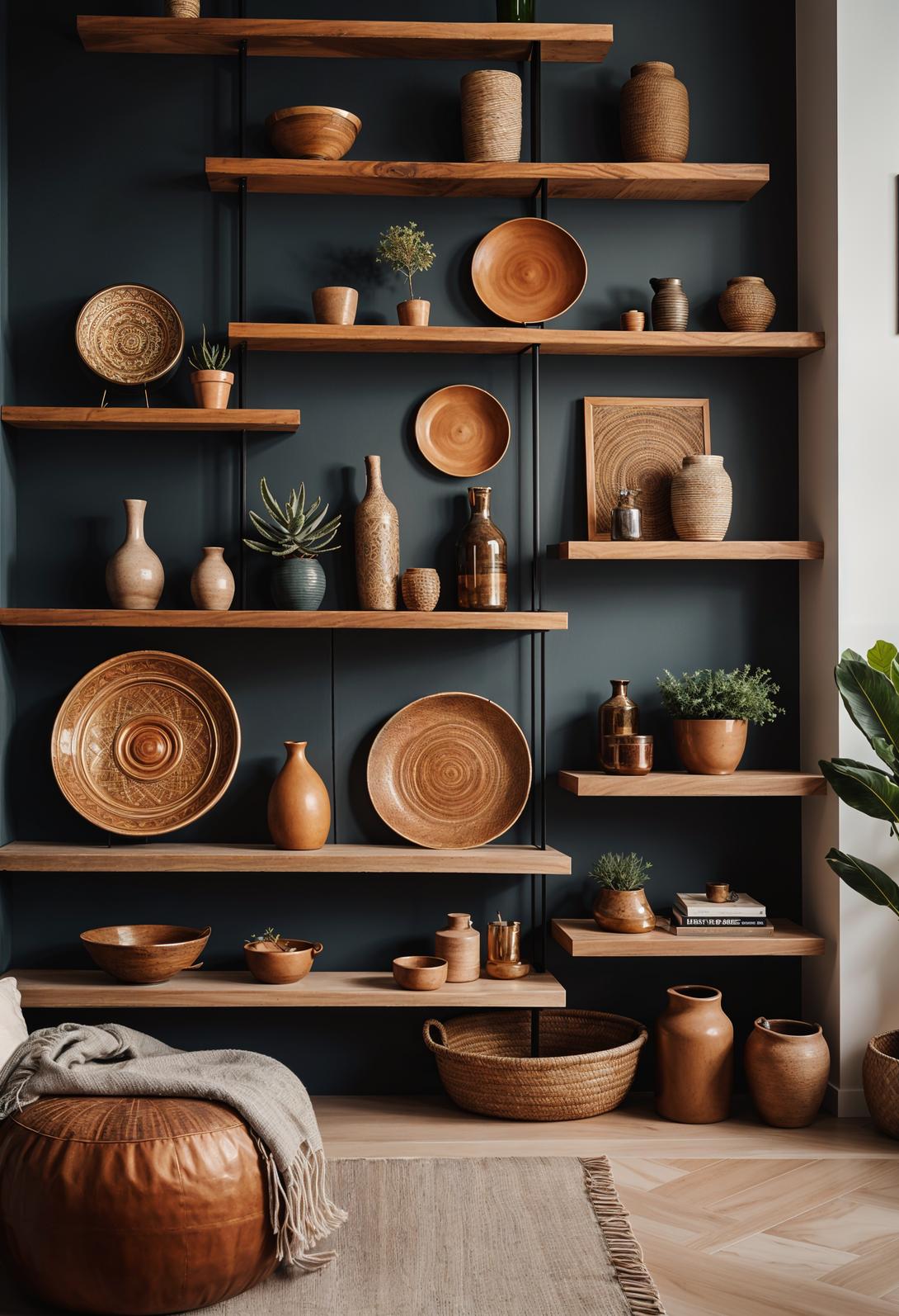 45 Chic & Modern Boho Living Room Ideas To Copy 56 24. Artisan Craft Showcase Shelf-0