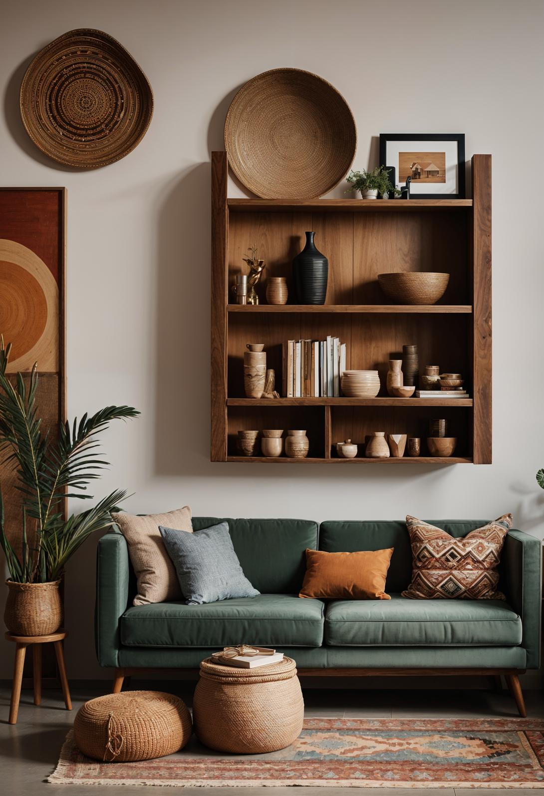 45 Chic & Modern Boho Living Room Ideas To Copy 57 24. Artisan Craft Showcase Shelf-1