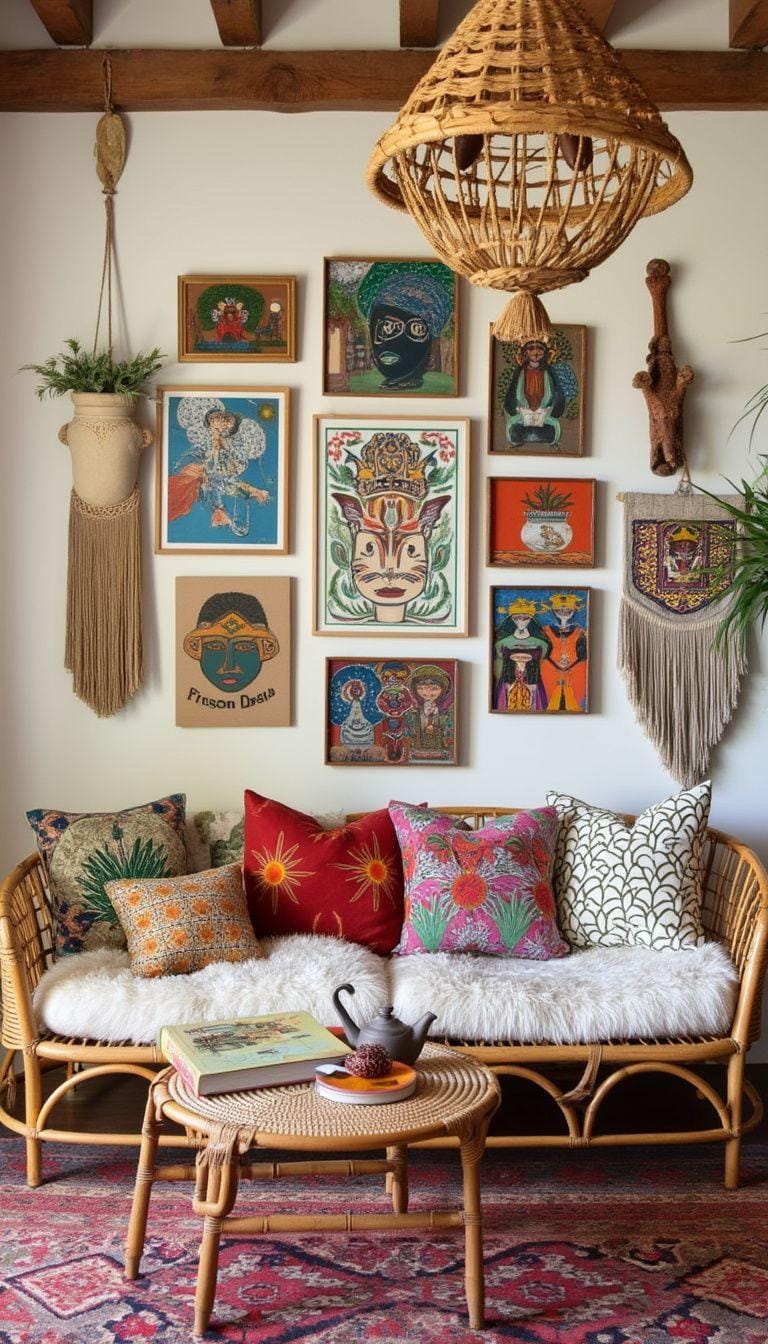 23 einzigartige Boho Farmhouse Wohnzimmer Ideen zum Kopieren 9 3. Handwerksanaler Laune: Installieren Sie handgeschnitzte Wandbehänge und eine Galeriewand eklektischer Kunstwerke über einem Rattan-Sofa mit plüschigen, übergroßen Kissen-0