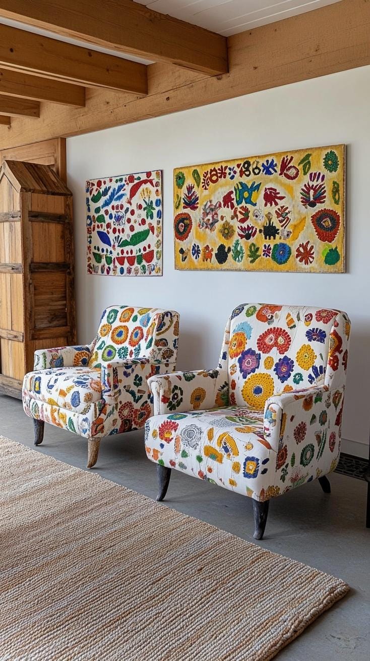 23 einzigartige Boho Farmhouse Wohnzimmer Ideen zum Kopieren 72 23. Künstlerisches Ambiente: Spielen Sie mit unterschiedlichen Mustern und Designs, entscheiden