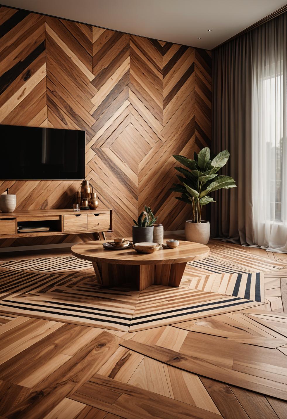 45 Chic & Modern Boho Living Room Ideas To Copy 53 23. Artistic Geometric Wood Flooring-0