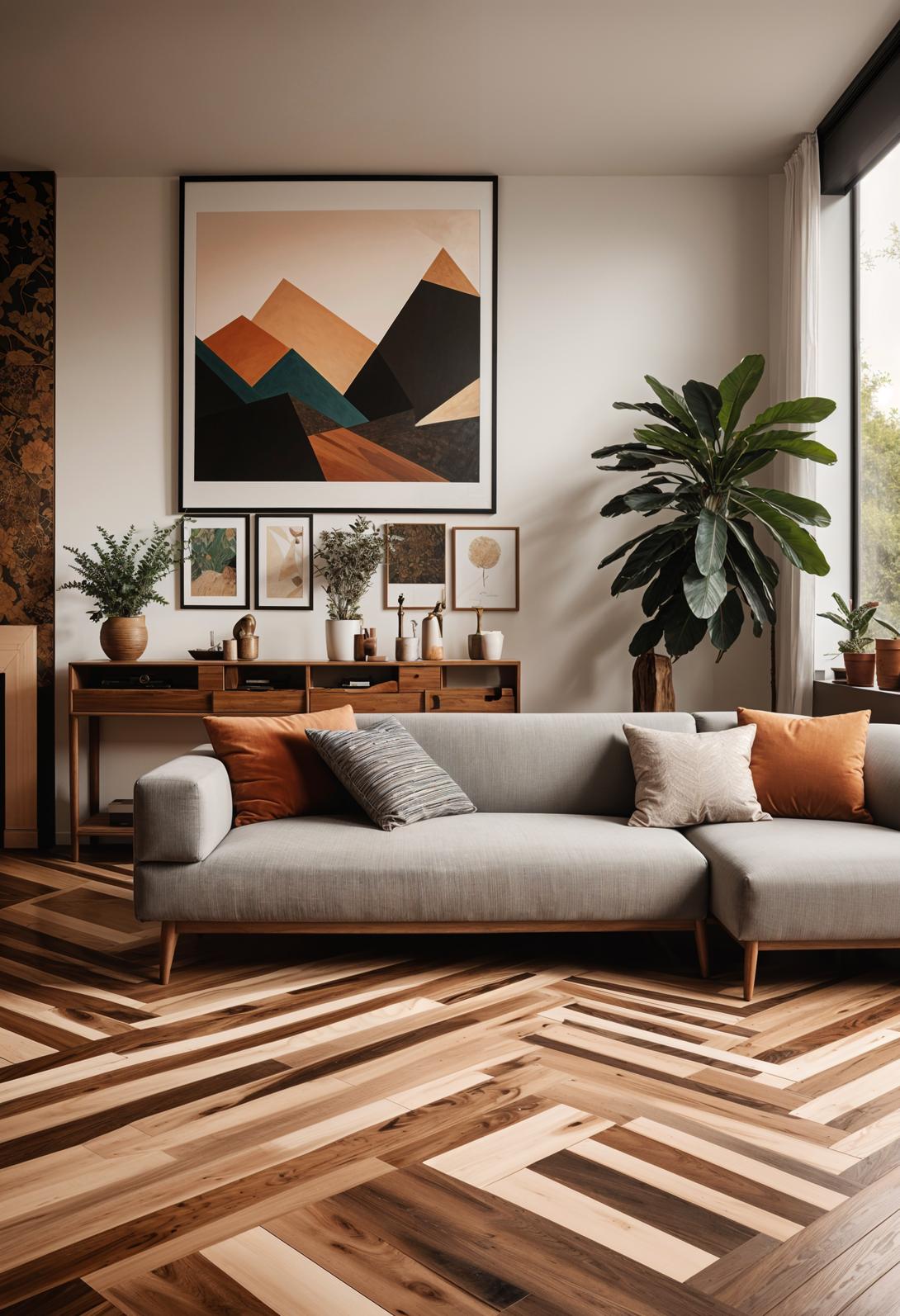 45 Chic & Modern Boho Living Room Ideas To Copy 54 23. Artistic Geometric Wood Flooring-1