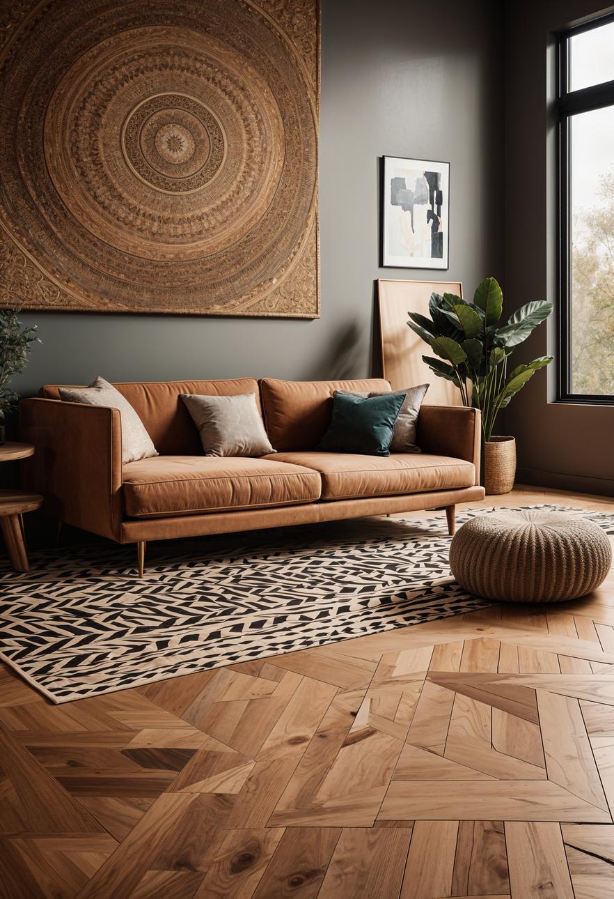 45 Chic & Modern Boho Living Room Ideas To Copy 55 23. Artistic Geometric Wood Flooring-2