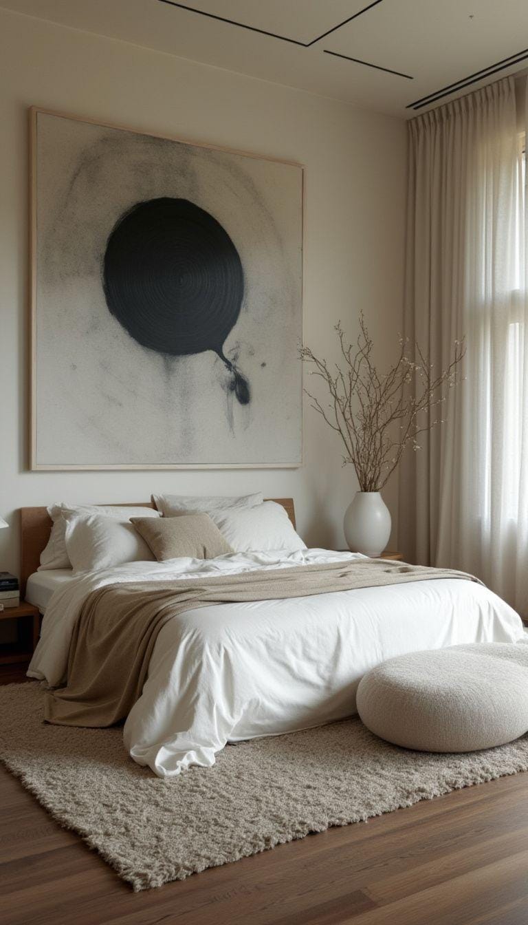 20 new minimalist bedroom ideas to inspire your 2025 Refresh 55 55 17. Artistic minimalism: characteristic an oversized wall piece as the main character in a cleared room-0