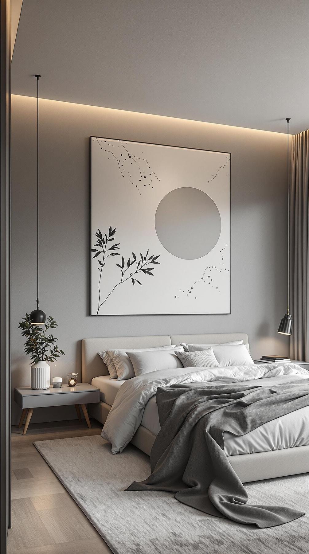 20 new minimalist bedroom ideas to inspire your 2025 refreshment 56 17. Artistic minimalism: characteristic an oversized wall piece as the main character in a cleared room-1