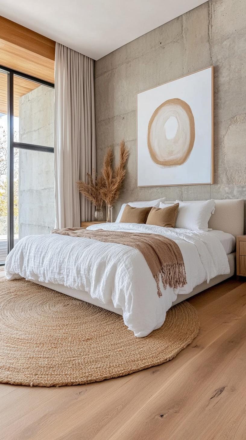 20 new minimalist bedroom ideas to inspire their 2025 refreshment 57 17. Artistic minimalism: characteristic an oversized wall piece as the main character in a cleared room-2