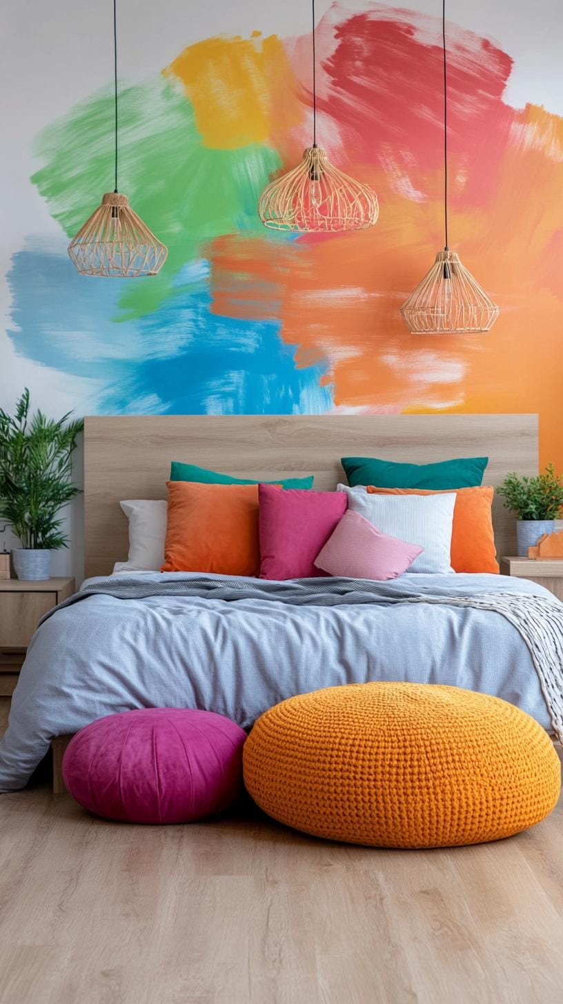 14. Artistic palette explosion: Create a wall accent wall with a multi-folting abstract painting-2