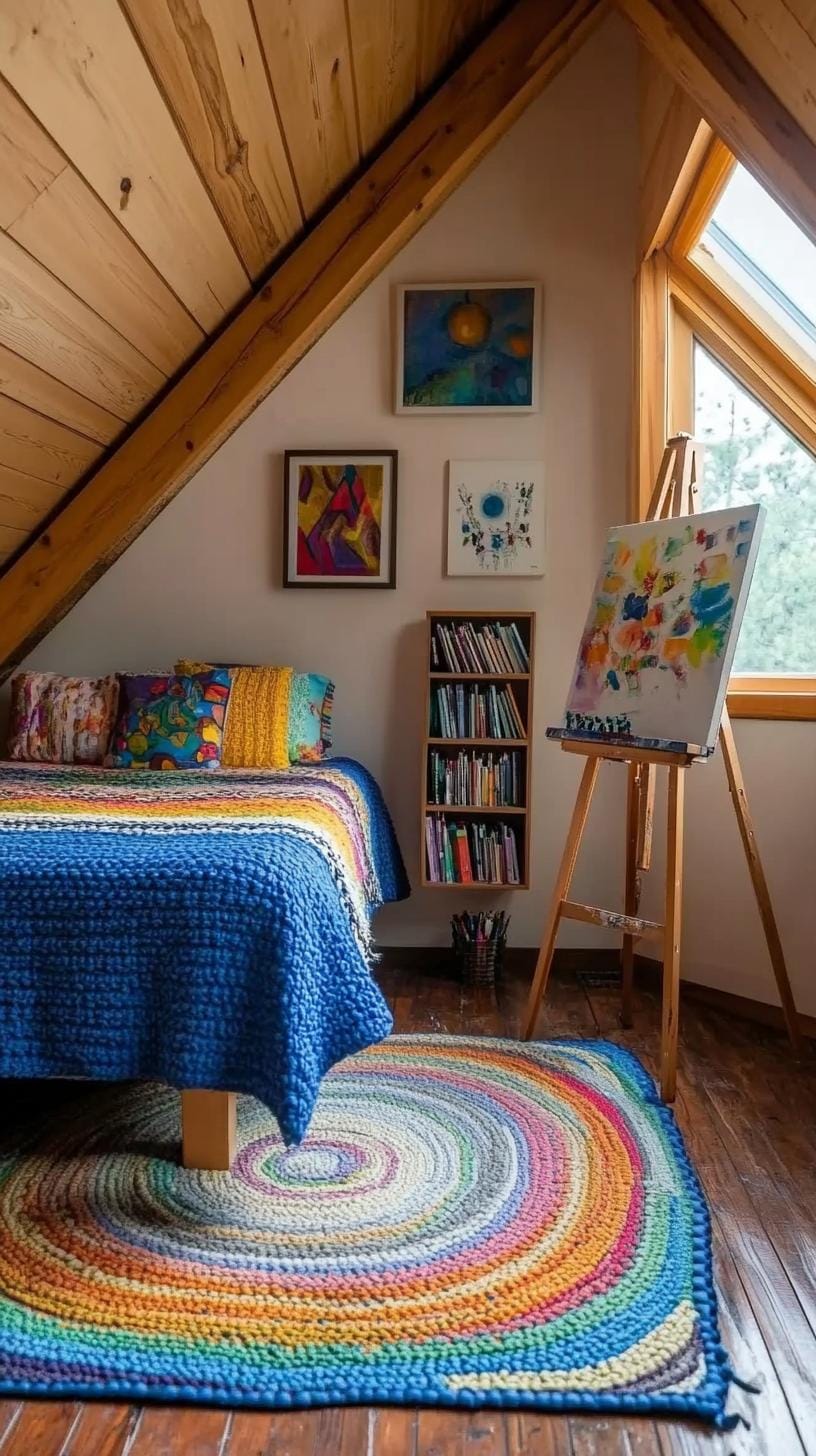 20 super cozy small attic -bedrooms today 39 to explore 39 13. Artistic studio room with an easel mounted on the wall and a cozy reading corner corner-0