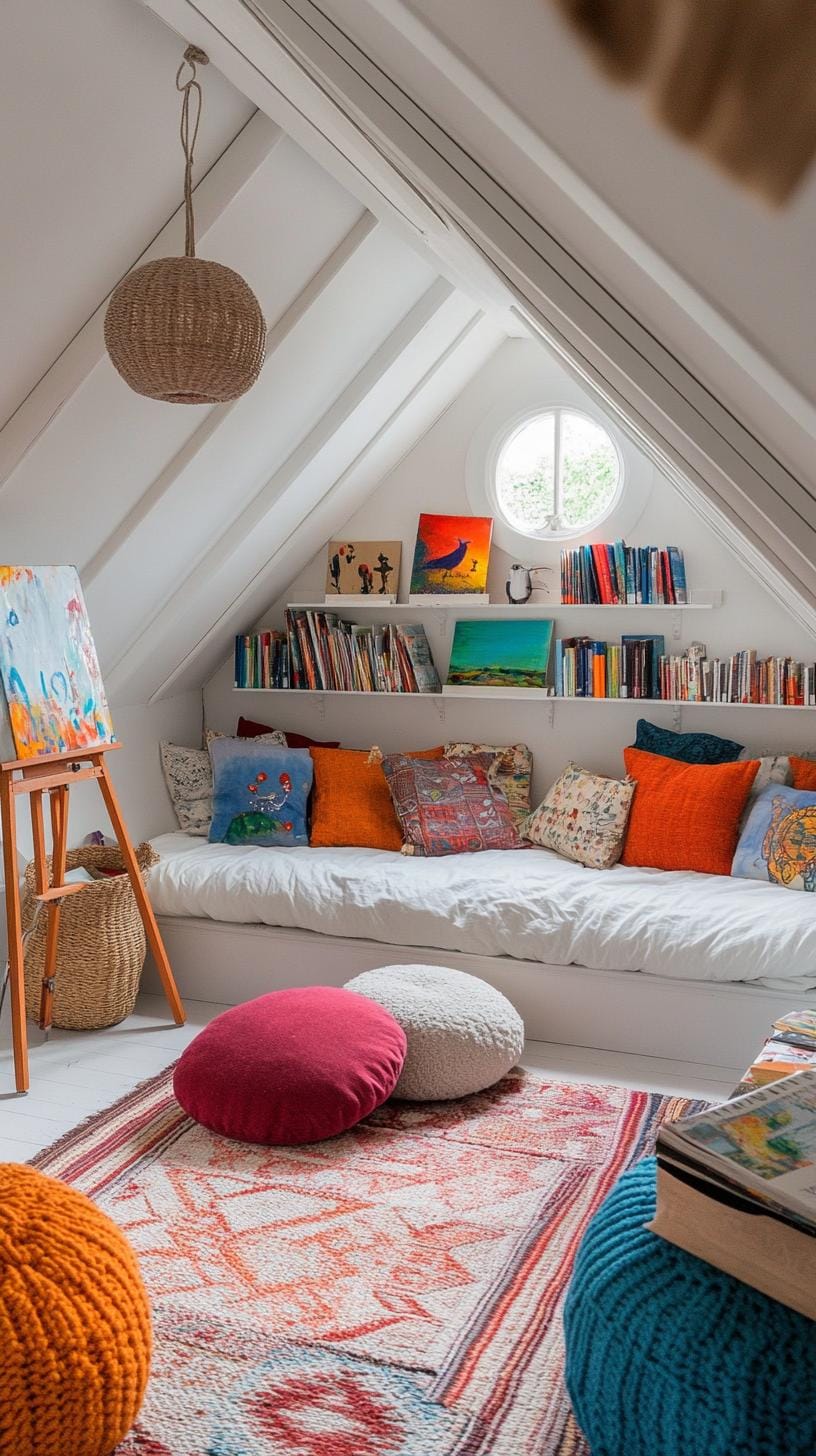 20 super cozy small roof tree bedroom ideas today to explore 40 40 13. Artistic studio room with an easel mounted on the wall and a cozy reading corner-1