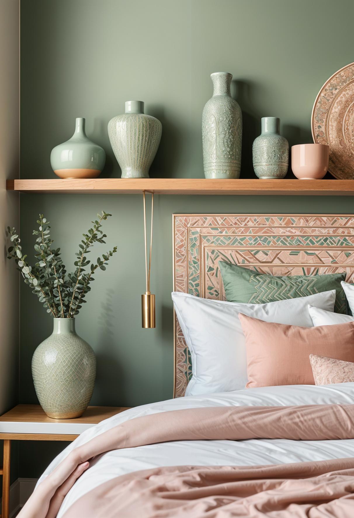 30 Chic Sage Green and Blush Bedroom Ideas 38 19. Artistic Vase Decor for Shelves-0