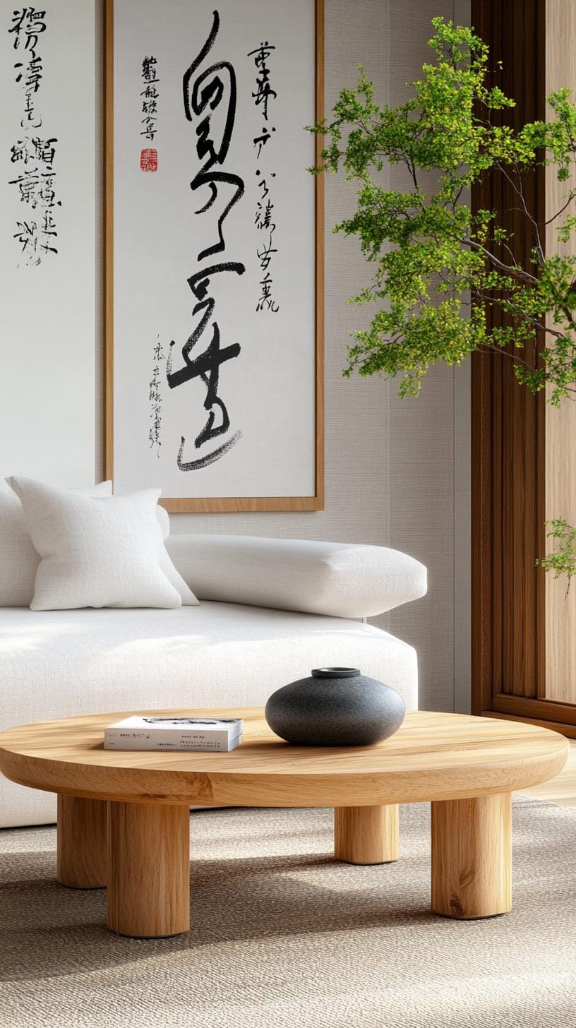 15 new Japandi living room ideas that you will love 33 12. Artistic wall features: combining calligraphy scrolling with Nordic art prints