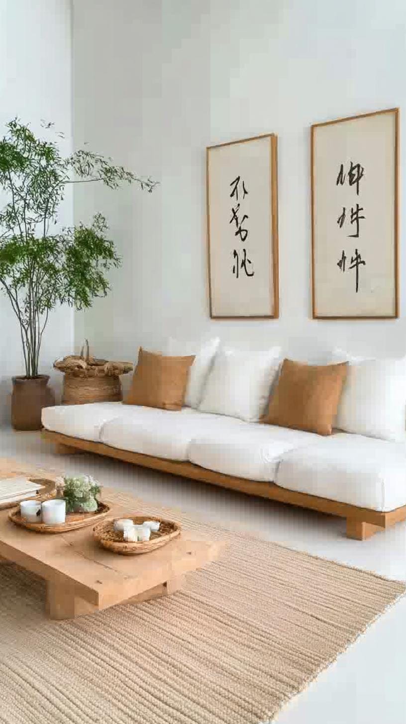 15 new Japandi living room ideas that you will love 34 12. Artistic wall characteristics: combining calligraphy scrolling with Nordic art prints-1