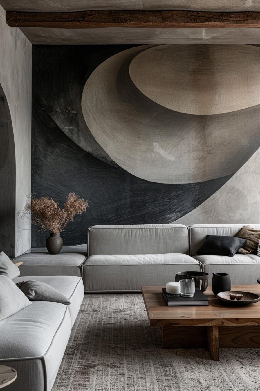 15 trendy, moody neutral living room designs to inspire 17 8. Artistic murals for spacious room-1