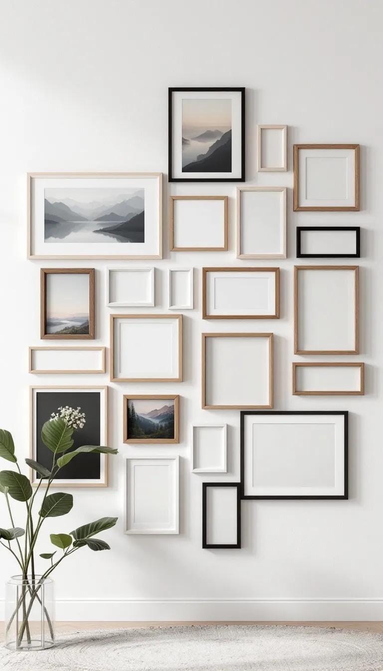 37 Gallery Wall Decor Ideas: Layouts And Styles to Elevate Any Room 102 34. Asymmetrical bold layout that is imbalanced but visually balanced-0