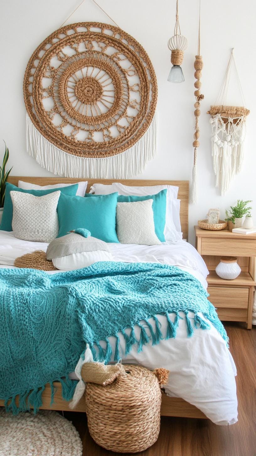 21 Best Blue Boho bedroom ideas to inspire you 27 8. Azure Artistry: Blaupauer a azure-blue centered room with a dark bamboo floor and an overgrown braided wall carpet-0