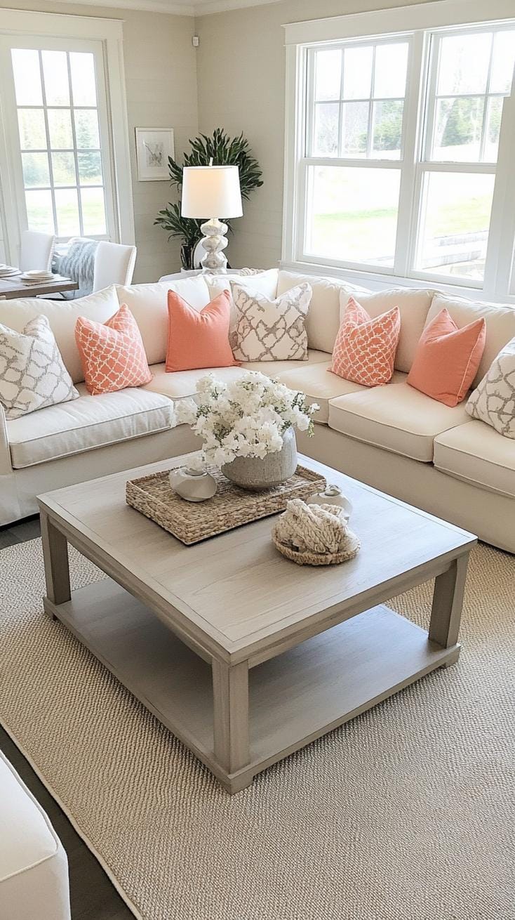 20 unique coastal farmhouse living room ideas, the WoW 27 8. Balancize neutral sandy tones with coral sprays through pillows and outlet-1