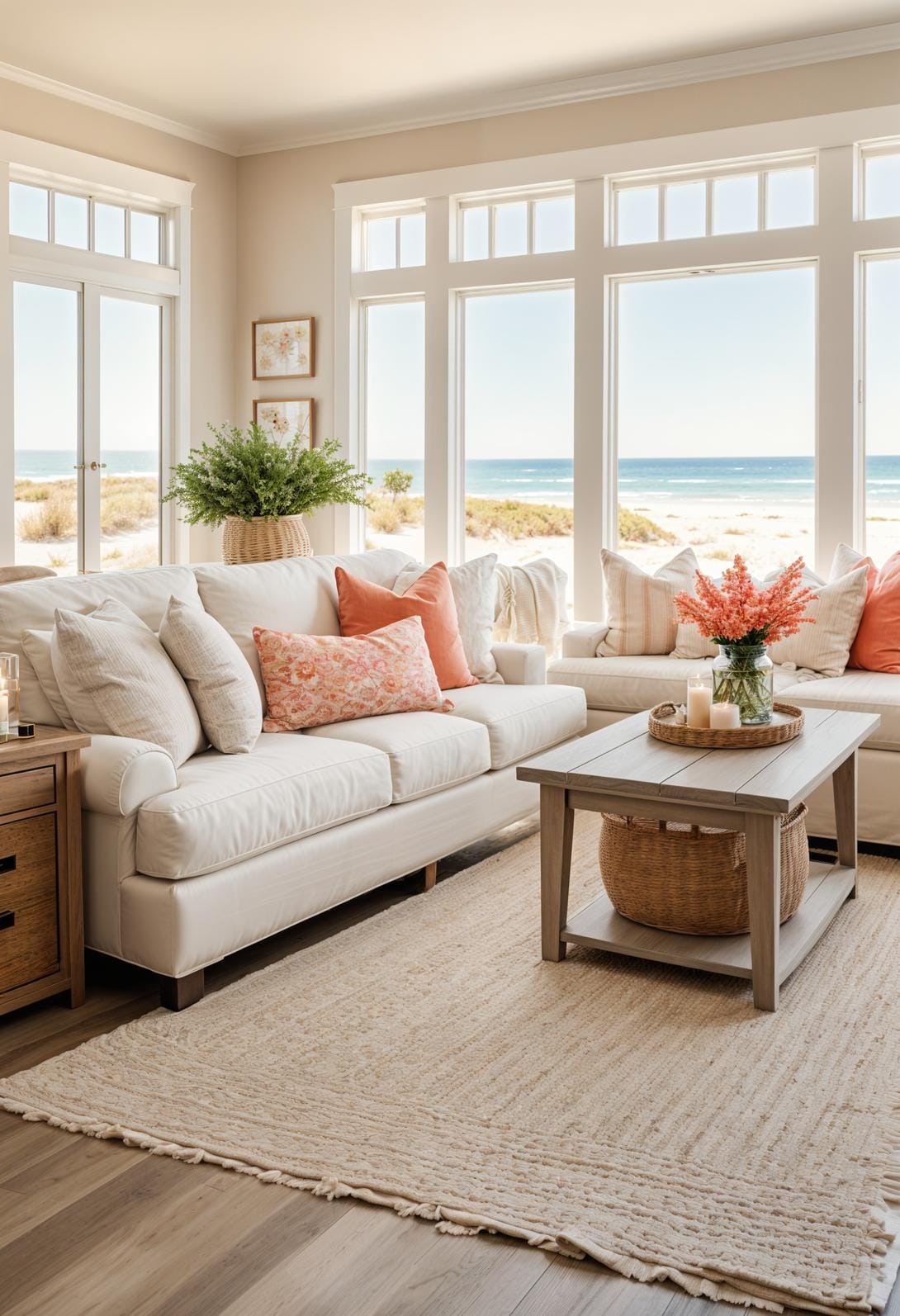 20 unique coastal farmhouse living room ideas, the woW 28 8. Believe neutral sand tones with coral sprayers through pillows and throw 2 out-2