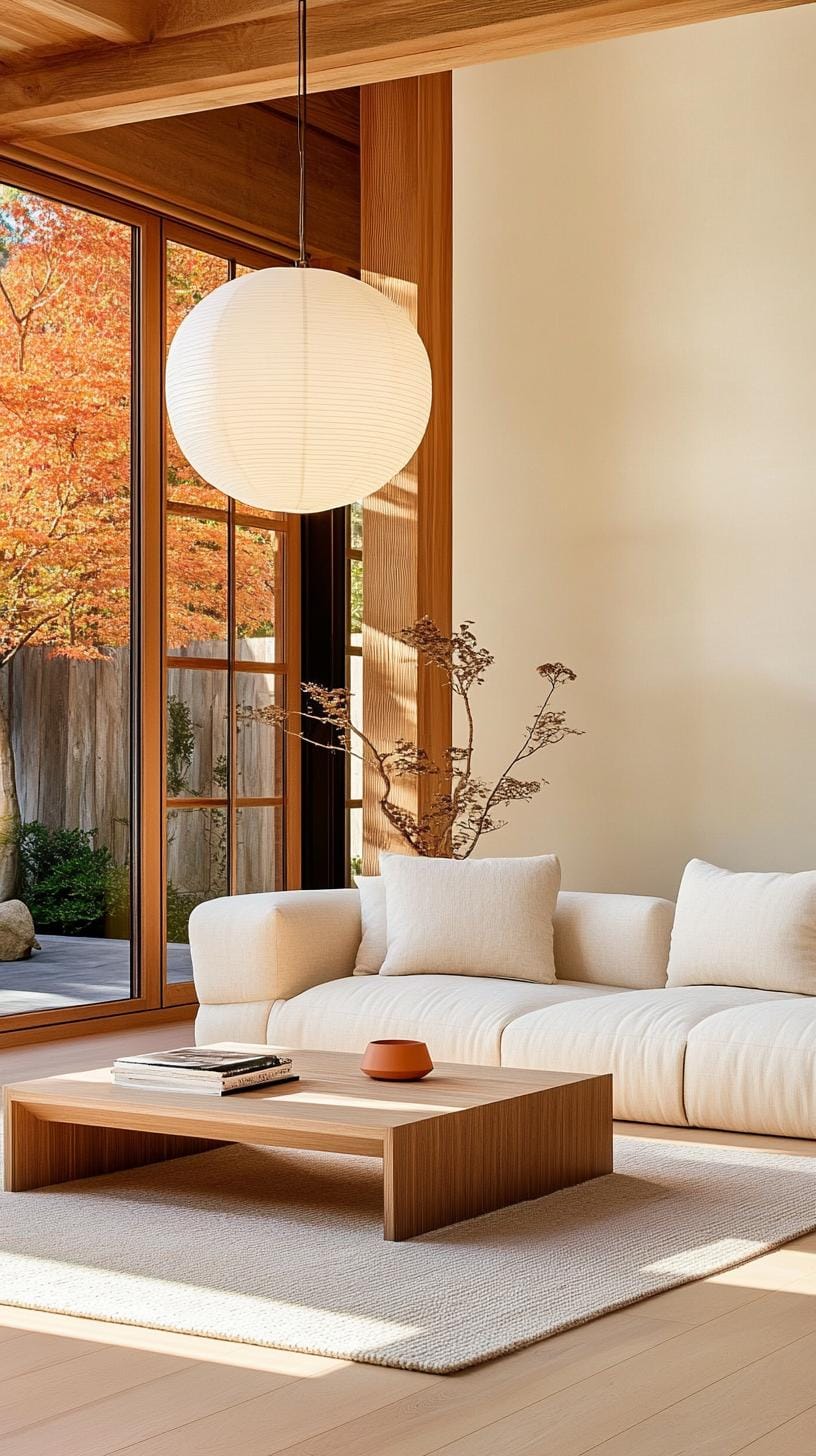 15 new Japandi living room ideas that you will love 24 8. Balanced Light Play: Mixing of natural light and soft lantern styles-2
