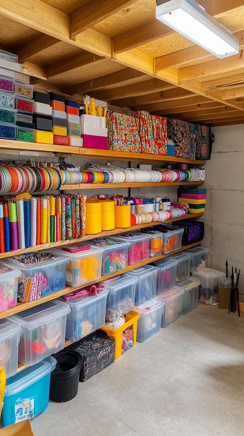 25 Bastelraum -Ideen mit genialen Organisation und Dekor Tipps 32 10. Bastelraum im Keller mit Wand zu Wand klaren Mülltonnen-1