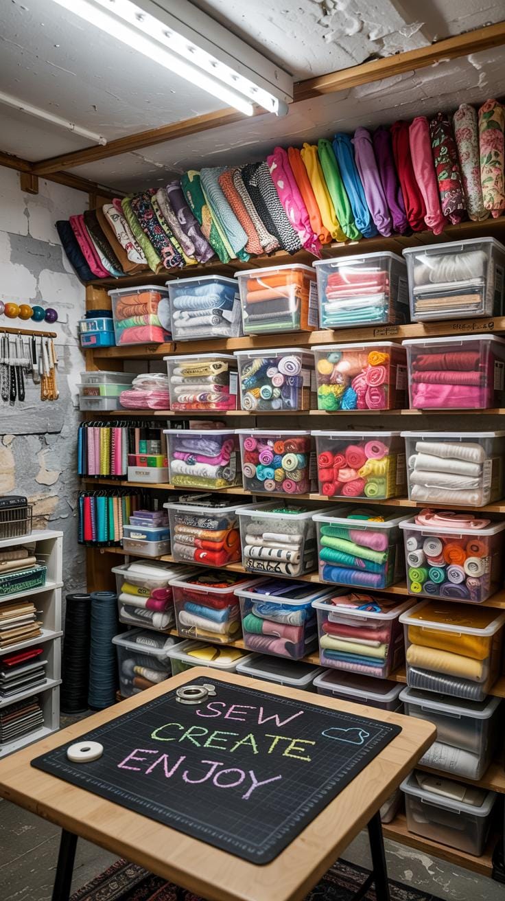 25 Bastelraum -Ideen mit genialen Organisation und Dekor Tipps 33 10. Bastelraum im Keller mit Wand-zu-Wand-klaren Behältern-2