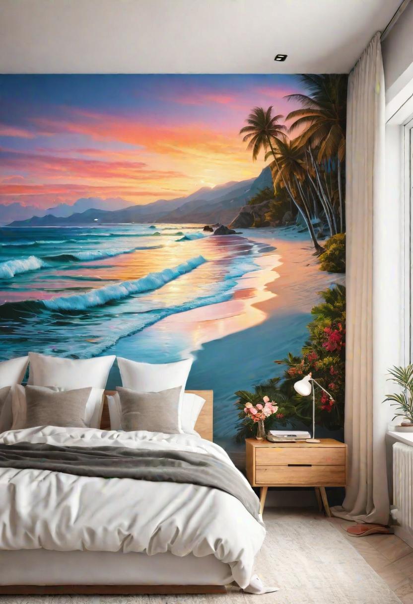 43 Relaxing Coastal Bedrooms for Breezy Retreats 18 16. Beach Sunset Accent Wall-0