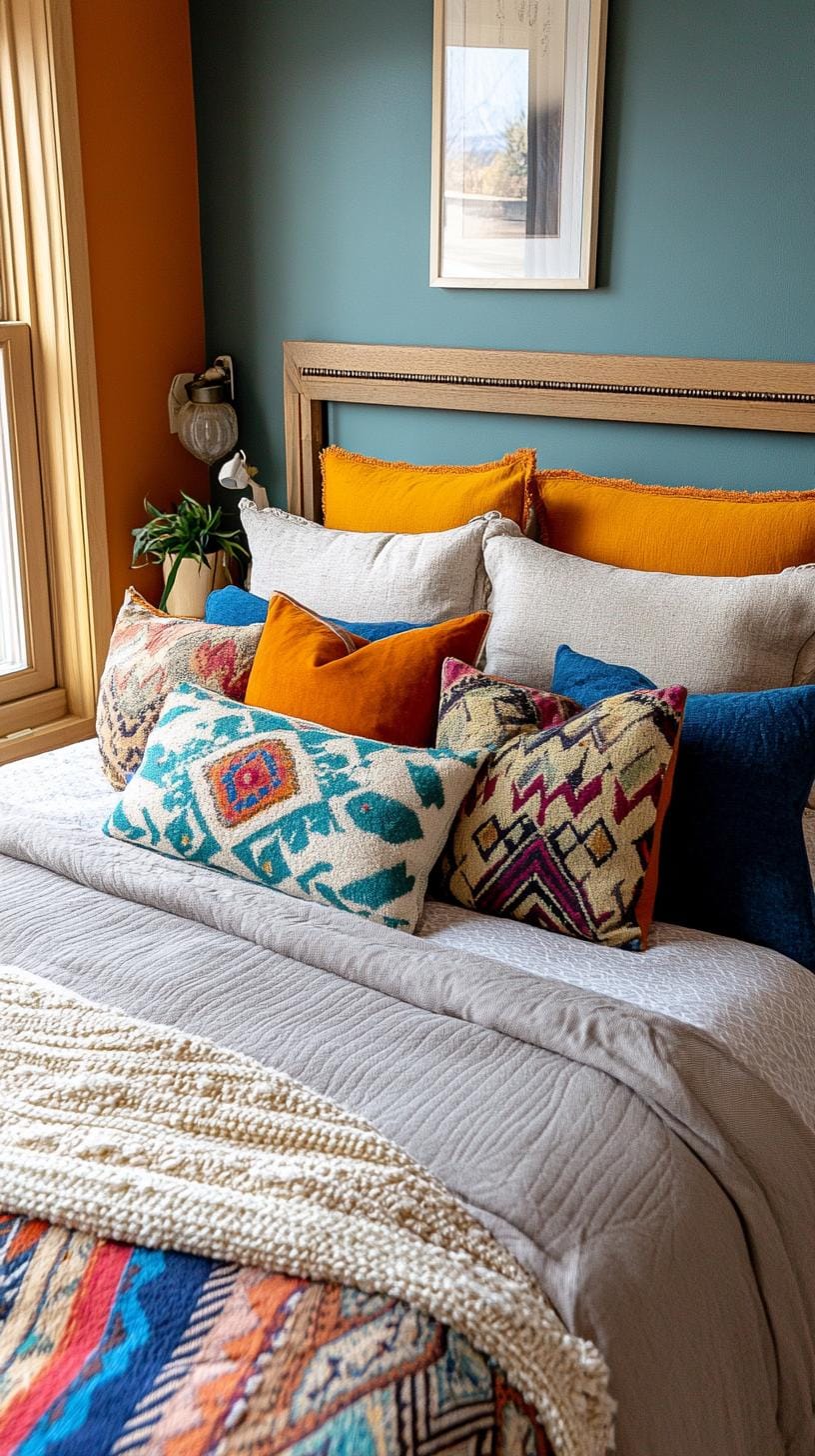 23 atmospheric Boho bedroom ideas for copying 54 18. Bed with versatile mixture of pillows, throws and vintage bedding-0