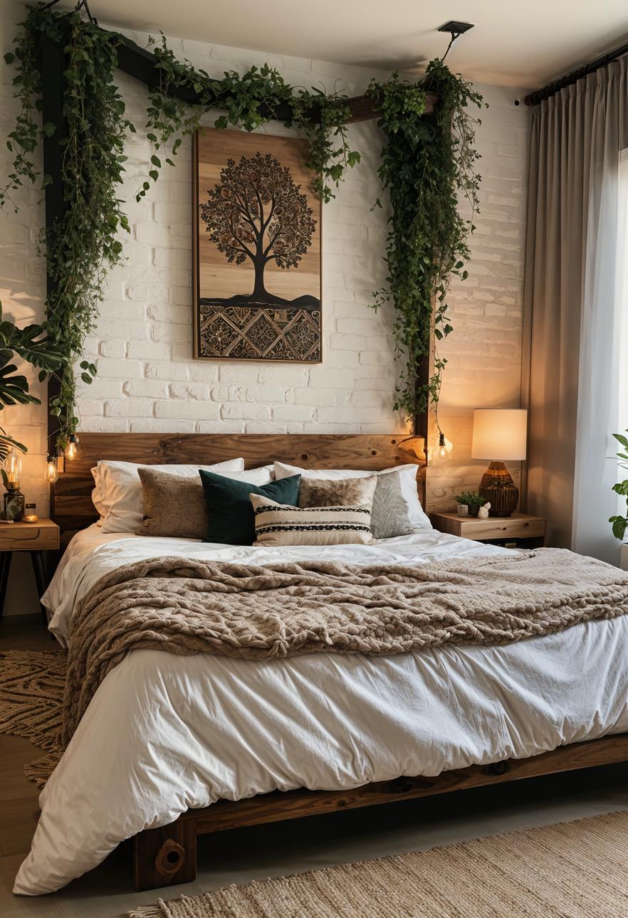 29 wunderschöne neutrale Boho -Schlafzimmer: verträumte und entspannende Räume 56 25. Biophiler Boho Schlafzimmer Design-1