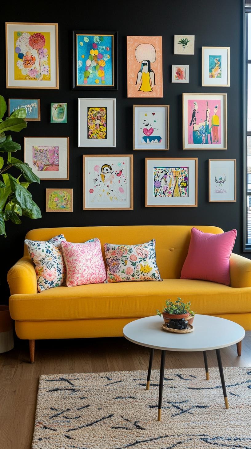 37 Gallery Wall Decor Ideas: Layouts And Styles to Elevate Any Room 90 30. Black accent wall contrast using light frames and art on a dark painted wall-0
