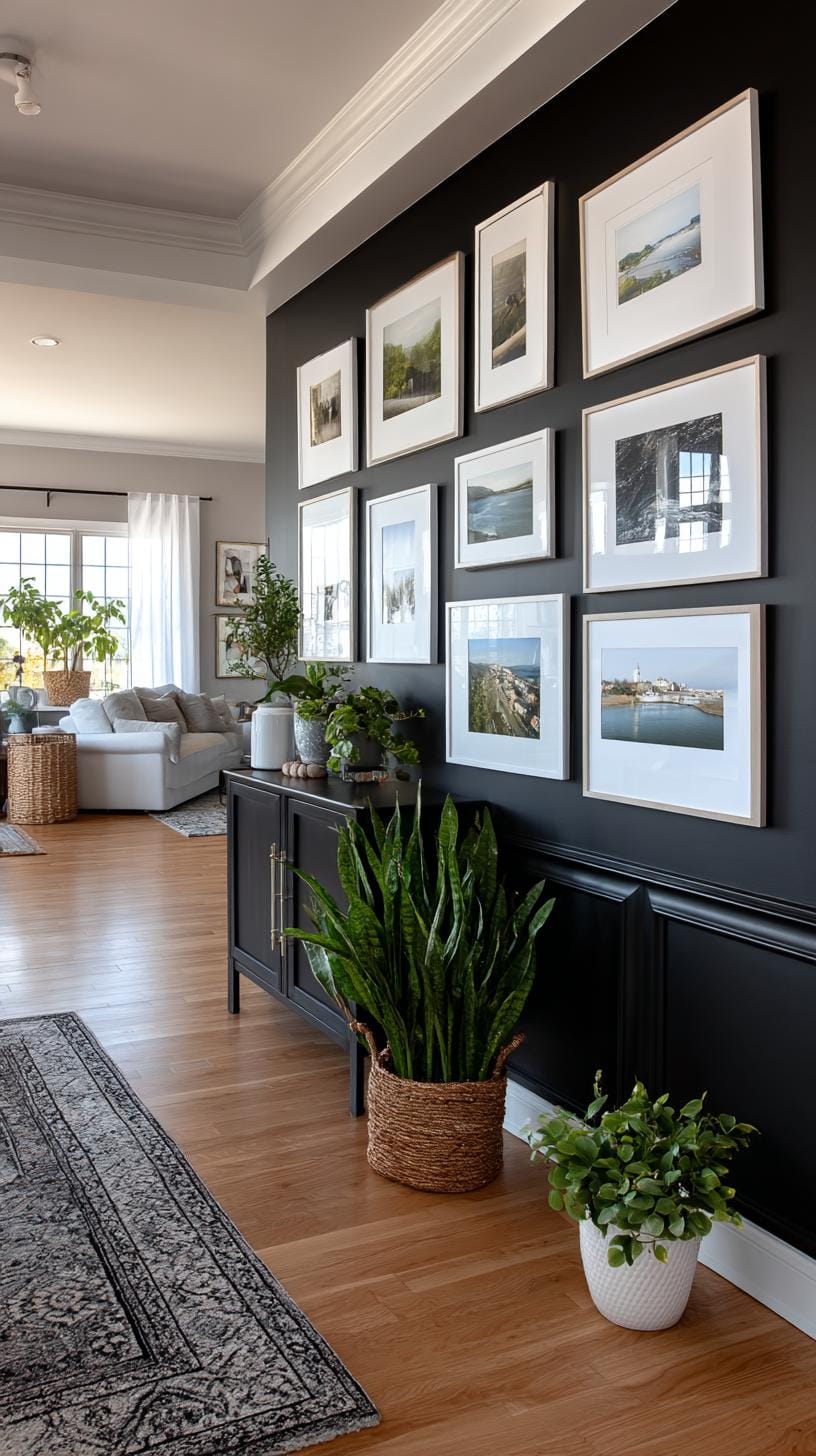 37 Gallery Wall Decor Ideas: Layouts And Styles to Elevate Any Room 91 30. Black accent wall contrast using light frames and art on a dark painted wall-1