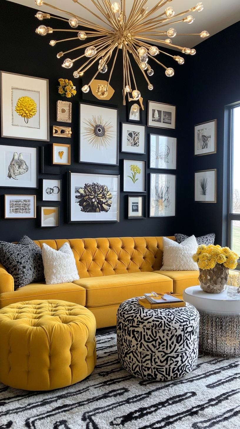 37 Gallery Wall Decor Ideas: Layouts And Styles to Elevate Any Room 92 30. Black accent wall contrast using light frames and art on a dark painted wall-2