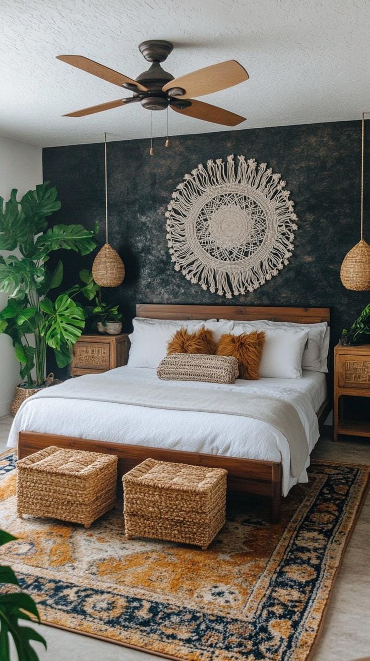 23 Recherent atmospheric Boho bedroom ideas to copy 15 5. Black accent wall with macramé slopes and lush green-0