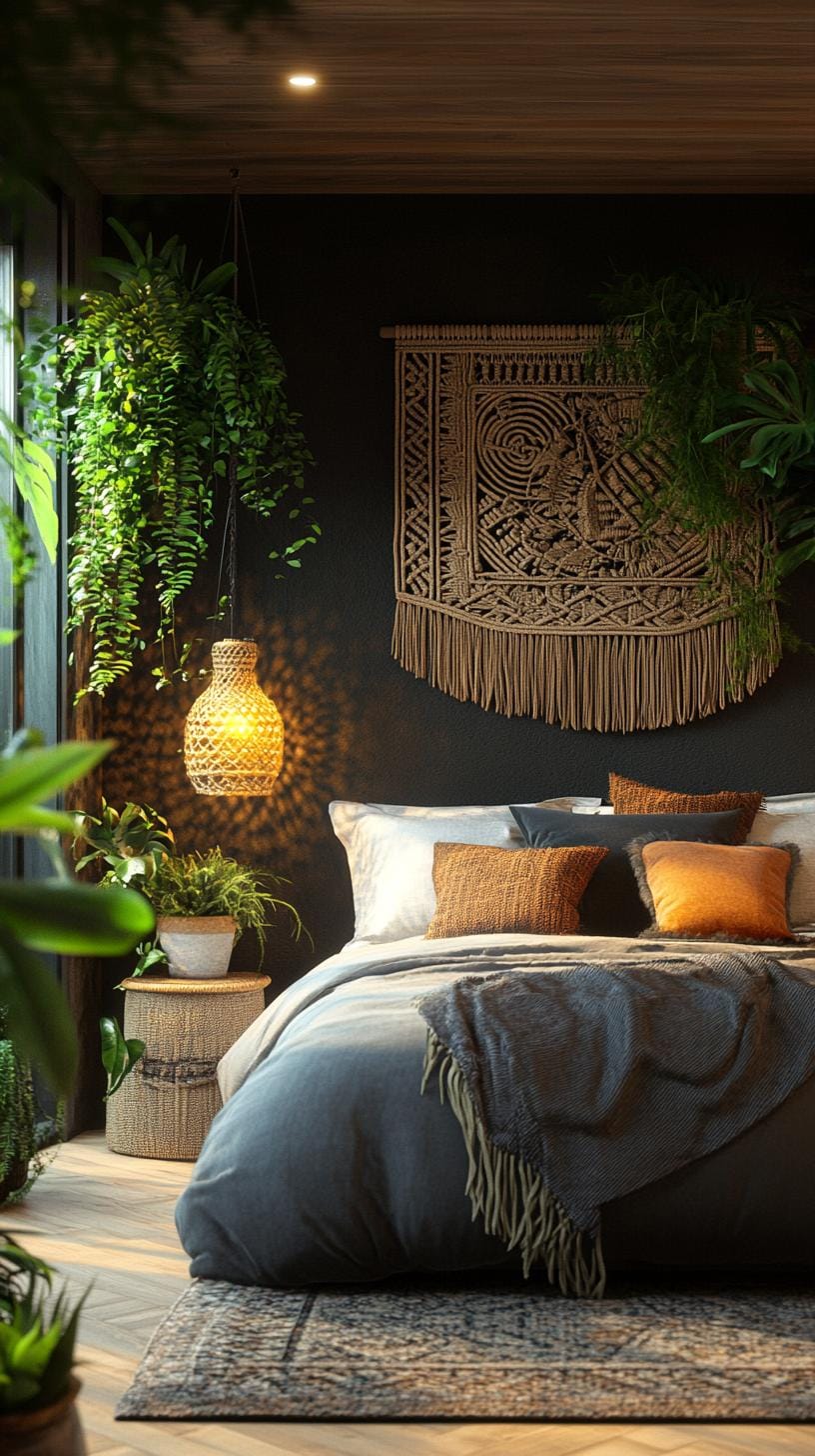 23 Atmospheric Boho bedroom ideas for copying 16 5. Black accent wall with macramé slopes and lush green-1-1