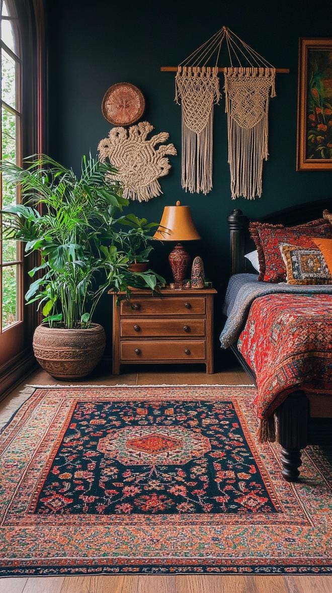 23 Wunderlich atmospheric Boho bedroom ideas for copying 17 5. Black accent wall with macramé slopes and lush green-2