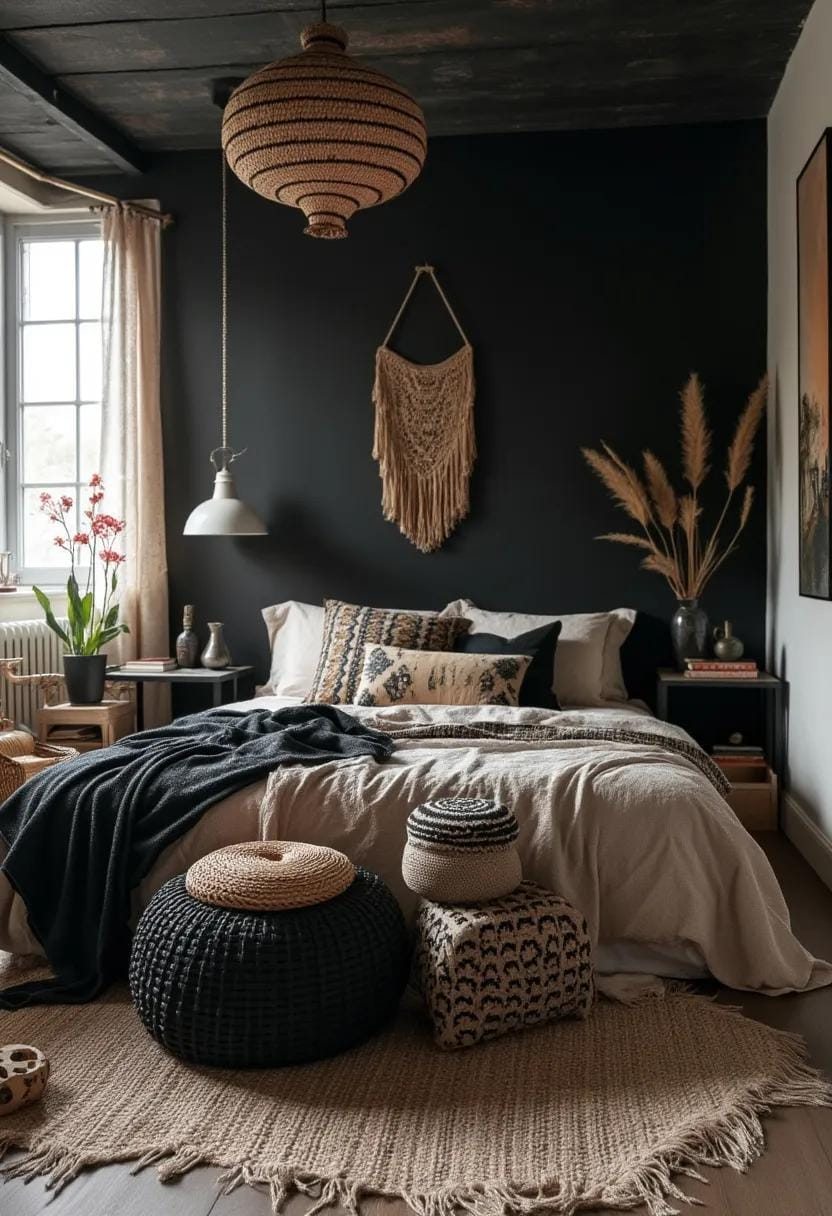 23 Modern Boho bedroom ideas that you will love immediately 48 16. Black and Boho contrast theme-0