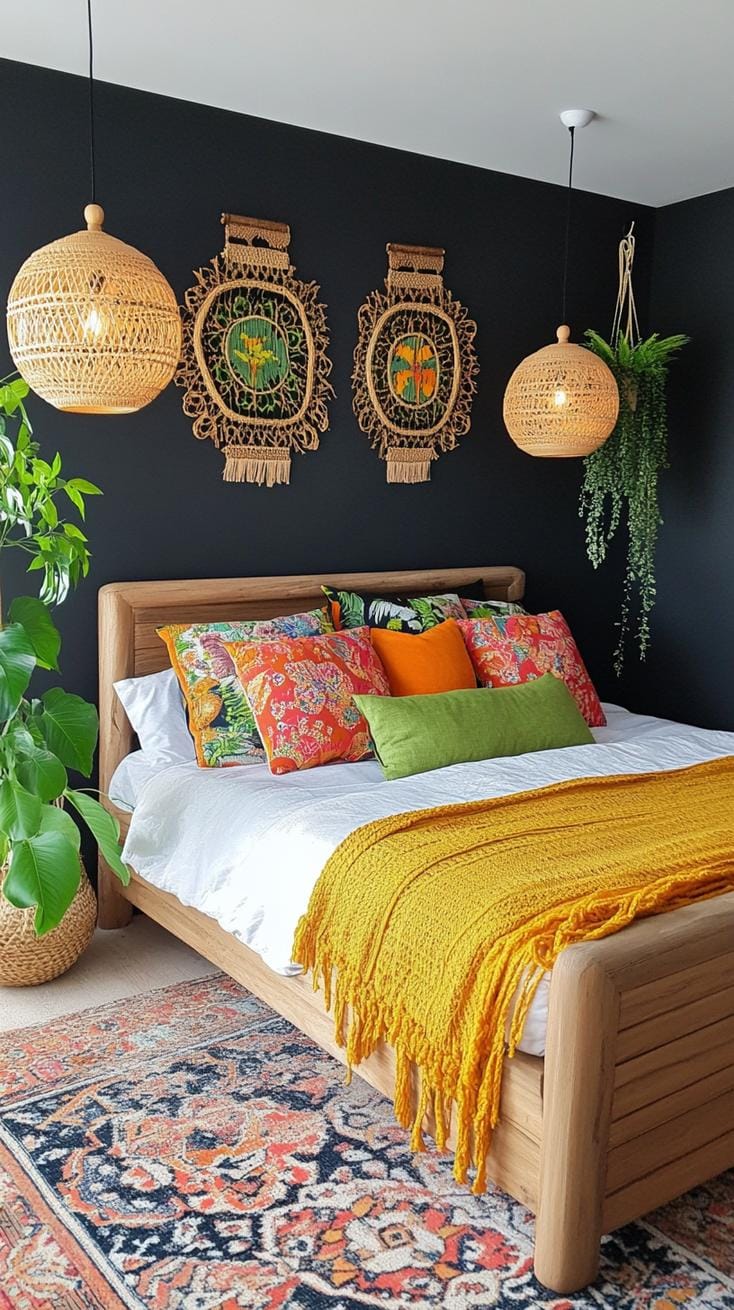 23 Modern Boho bedroom ideas that you will love immediately 49 16. Black and Boho contrast theme-1