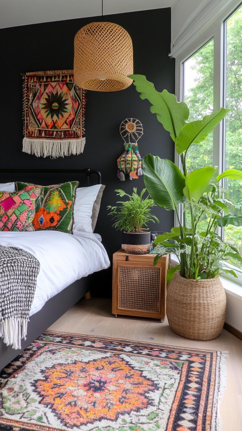23 Modern Boho bedroom ideas that you will love immediately 50 16. Black and Boho contrast theme-2