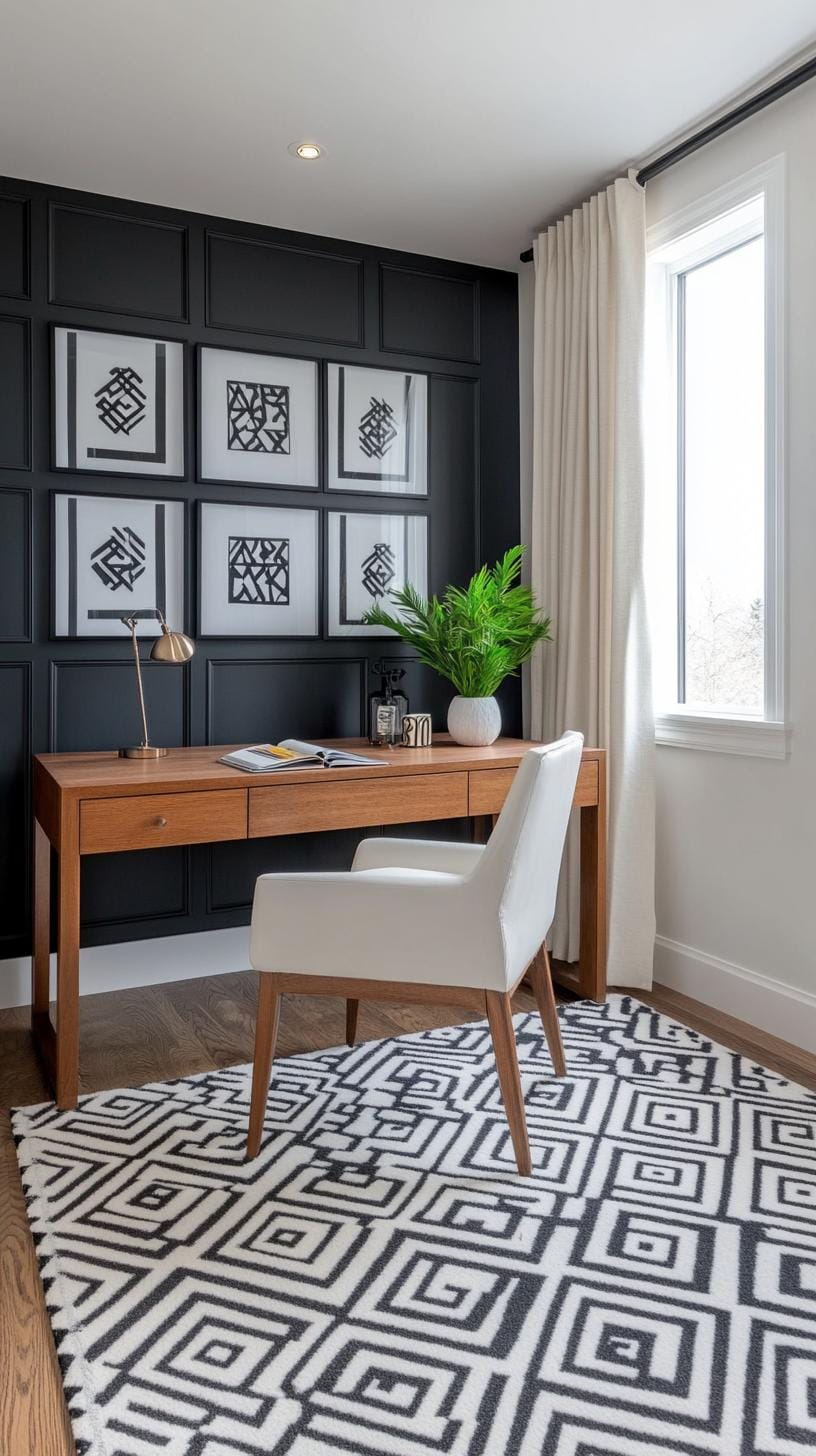 31 Home Office Ideas to Upgrade Your Work From Home Setup 54 19. Black and white theme with bold graphic prints-0