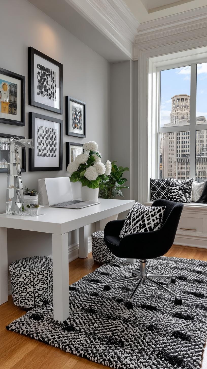 31 Home Office Ideas to Upgrade Your Work From Home Setup 55 19. Black and white theme with bold graphic prints-1
