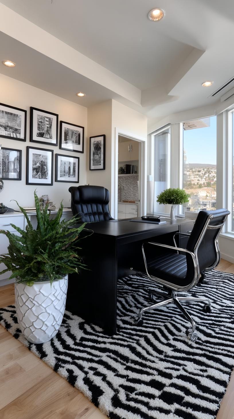 31 Home Office Ideas to Upgrade Your Work From Home Setup 56 19. Black and white theme with bold graphic prints-2
