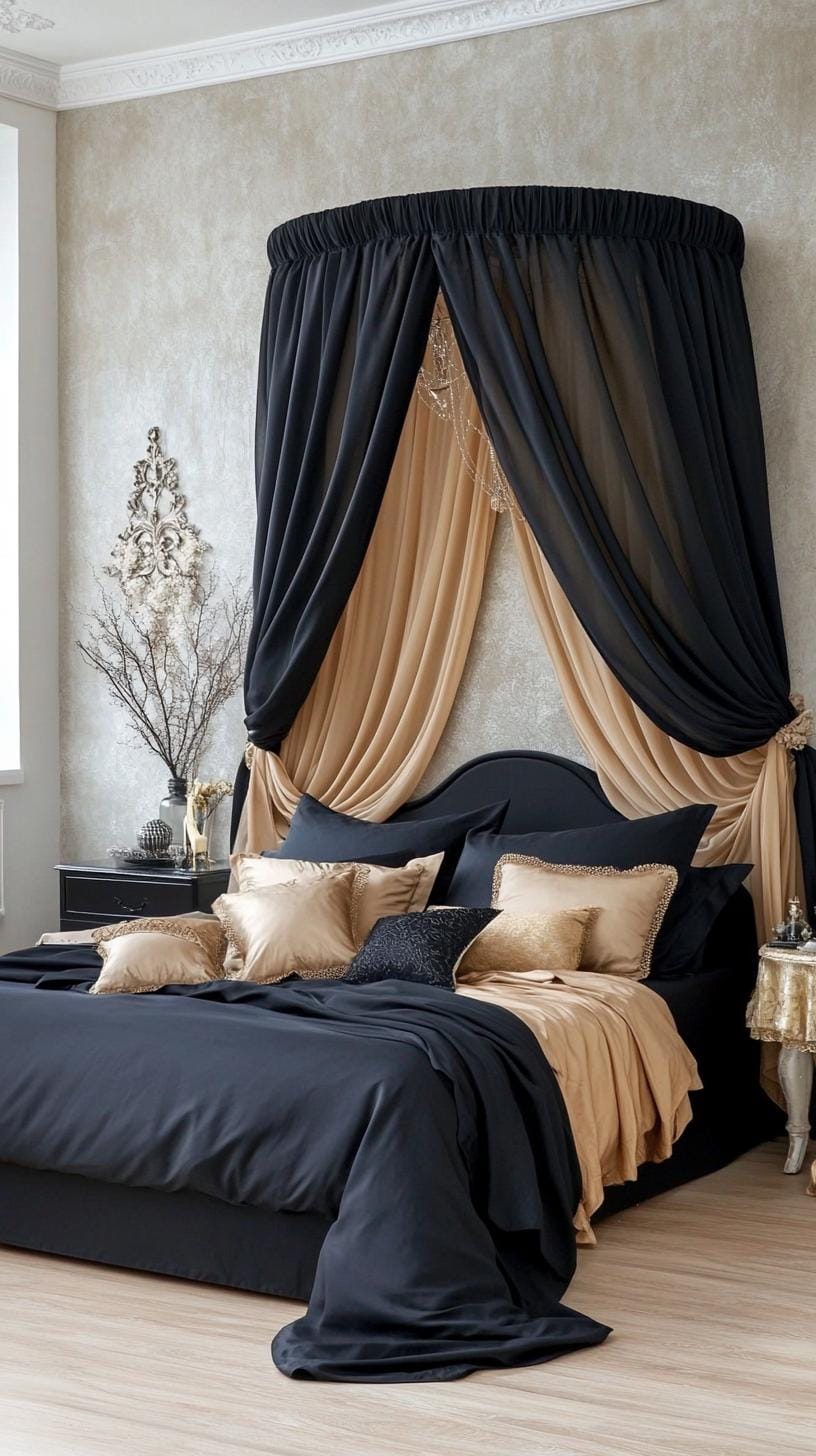 21 new bedroom ideas for your 2025 refreshment 31 10. Black canopy bed in sheer fabric draped for drama-1