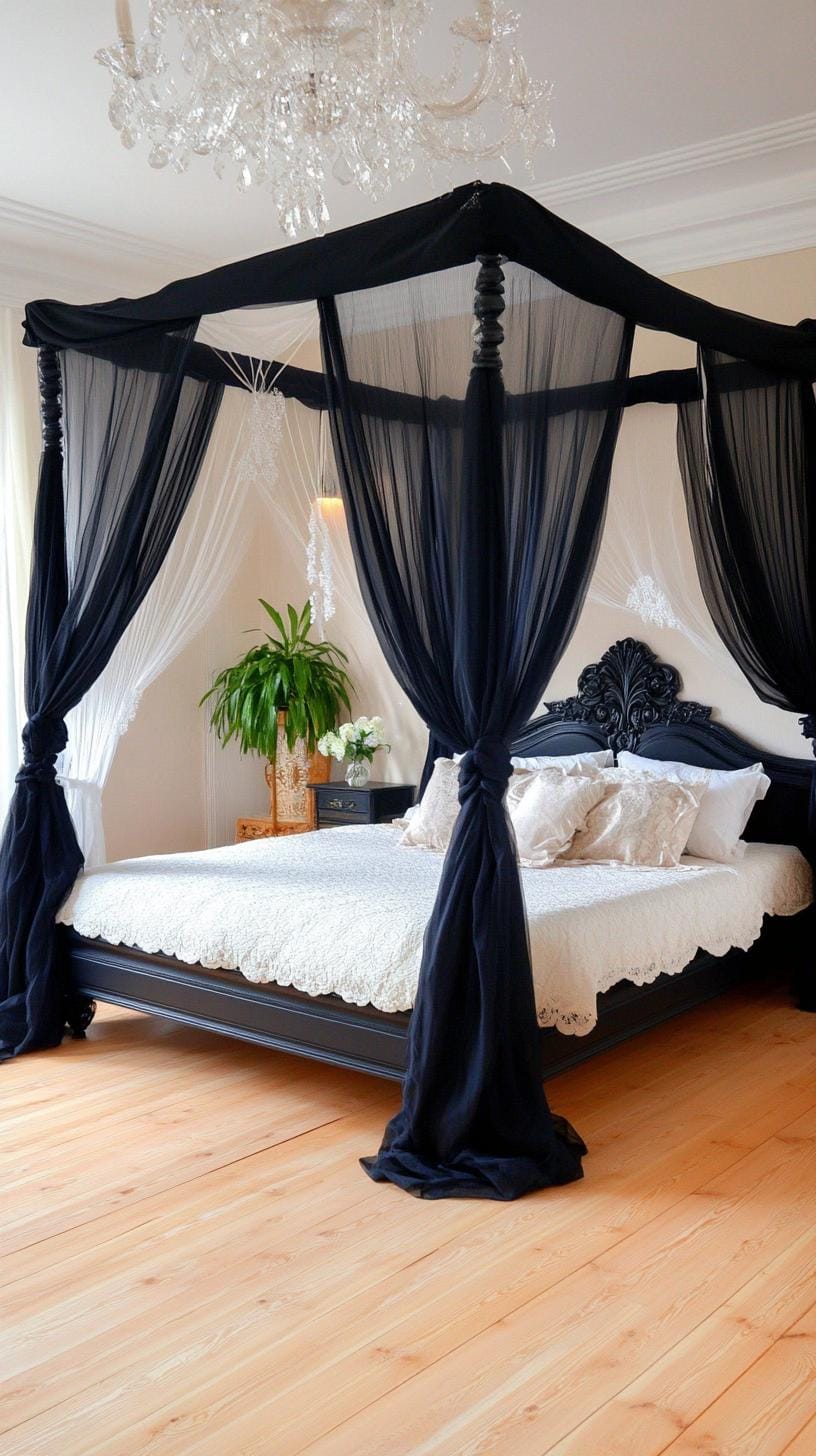 21 new bedroom ideas for your 2025 Refresh 32 10. Black canopy bed in sheer fabric draped for drama-2
