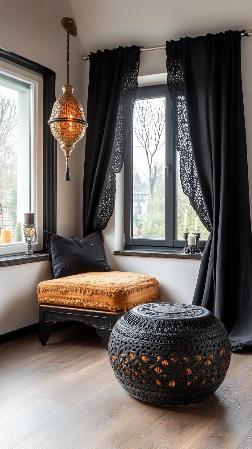 19 Best Gothic Boho bedroom ideas for a dreamy sanctuary 57 57 18. Black top hanging curtains, which surround a sensory corner with incense burners and a POF-0 shown