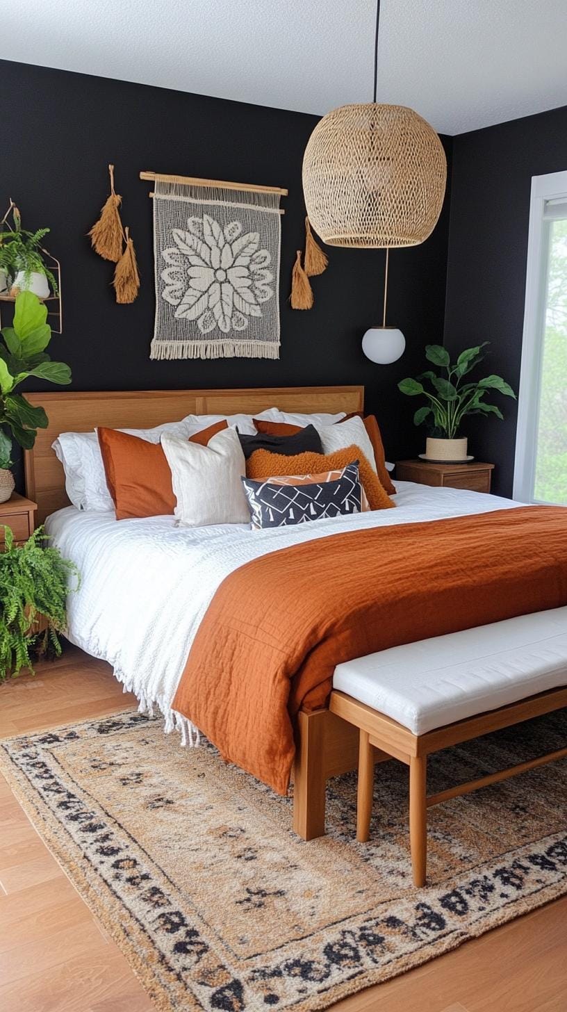 23 Atmospheric Boho bedroom ideas for copying 60 20. Black walls with earthy plant arrangements and warm lighting-0
