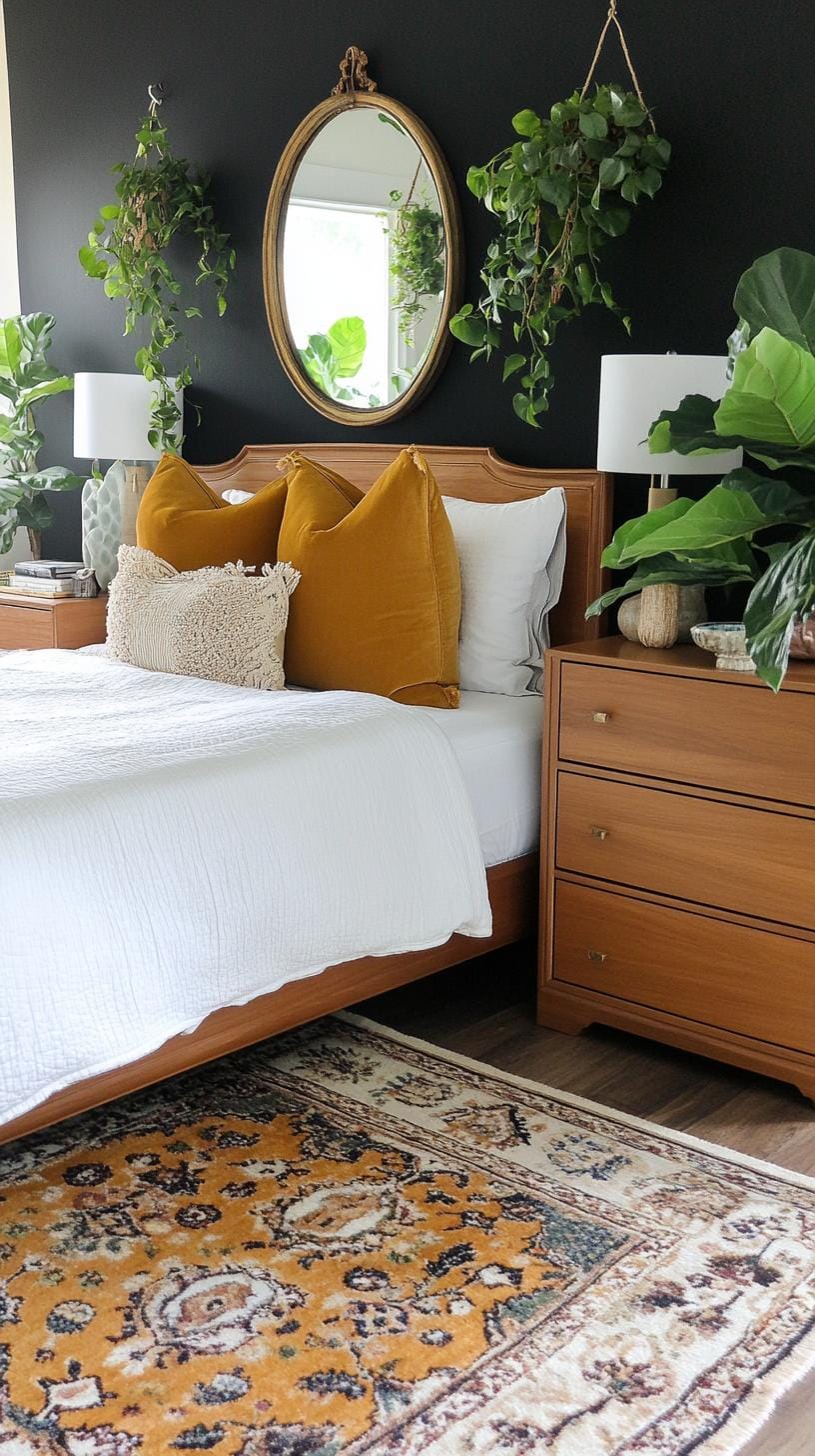 23 Recherent atmospheric Boho bedroom ideas for copying 61 20. Black walls with earthy plant arrangements and warm lighting-1
