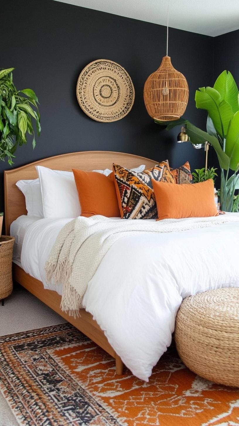 23 atmospheric Boho bedroom ideas to copy 62 20. Black walls with earthy plant arrangements and warm lighting-2
