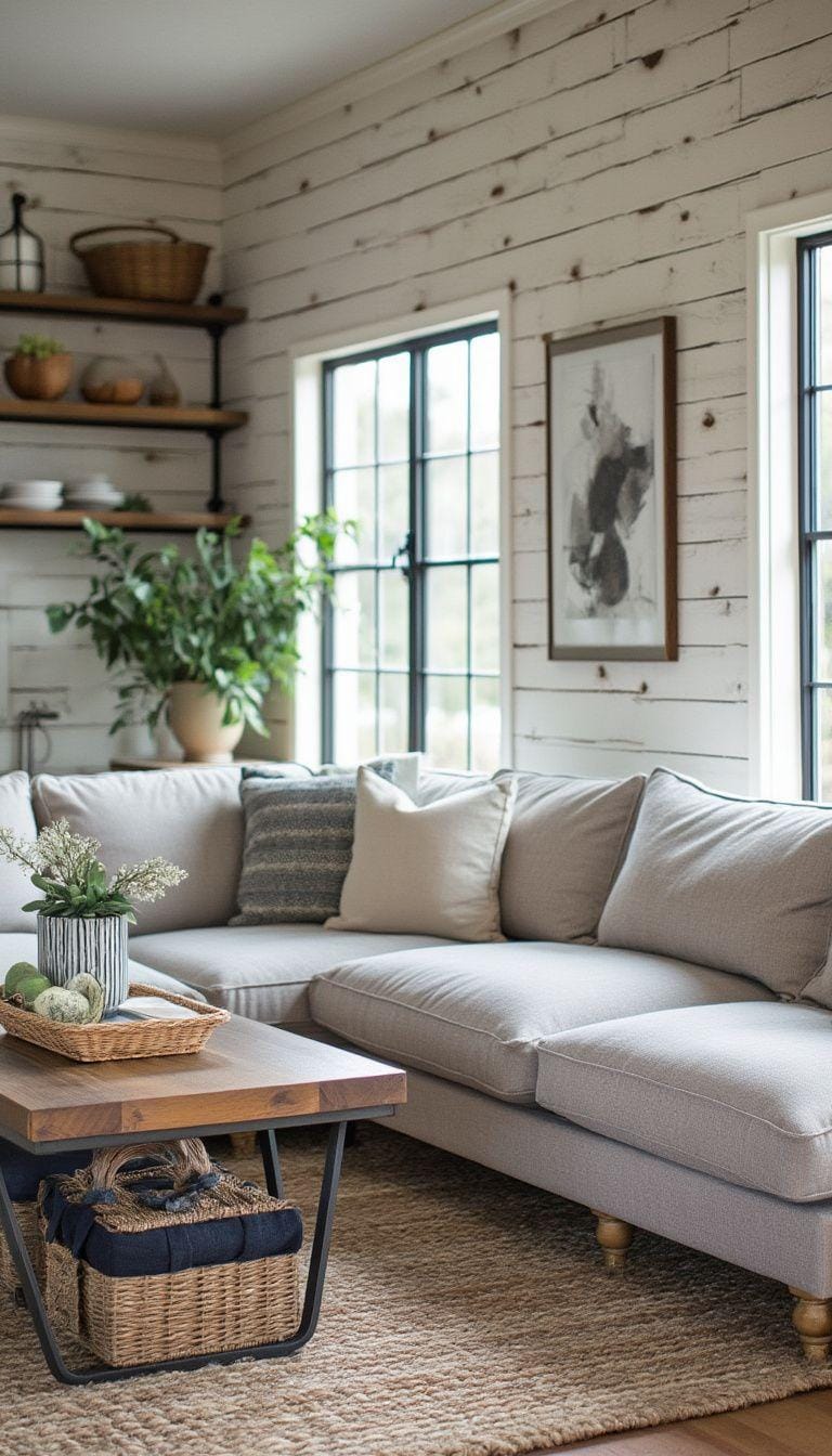 21 Best industrial farmhouse living room ideas to inspire 12 12 4. Mixing functionality and style with a sections of a section in a soft linen fabric against a background of ship walls and industrial ear shelves 0