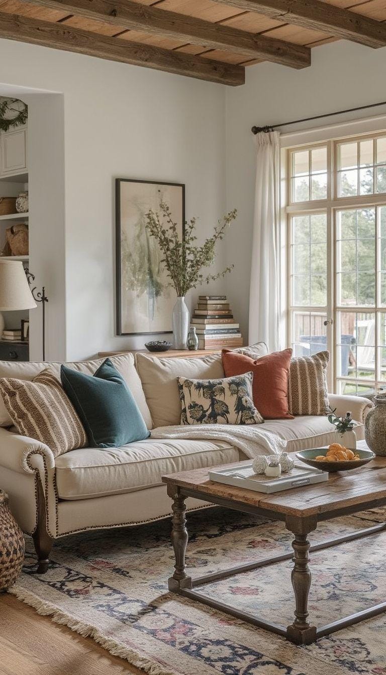 23 Best modern farmhouse living room ideas to inspire you 14 4. Mixing of old and contemporary furniture with layered texture-2