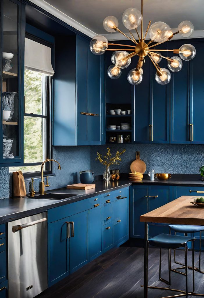39 Trendy Blue Kitchen Cabinet Ideas: with Cool, Sophisticated Vibes 44 36. Blue Cabinet & Chandelier Trends-0