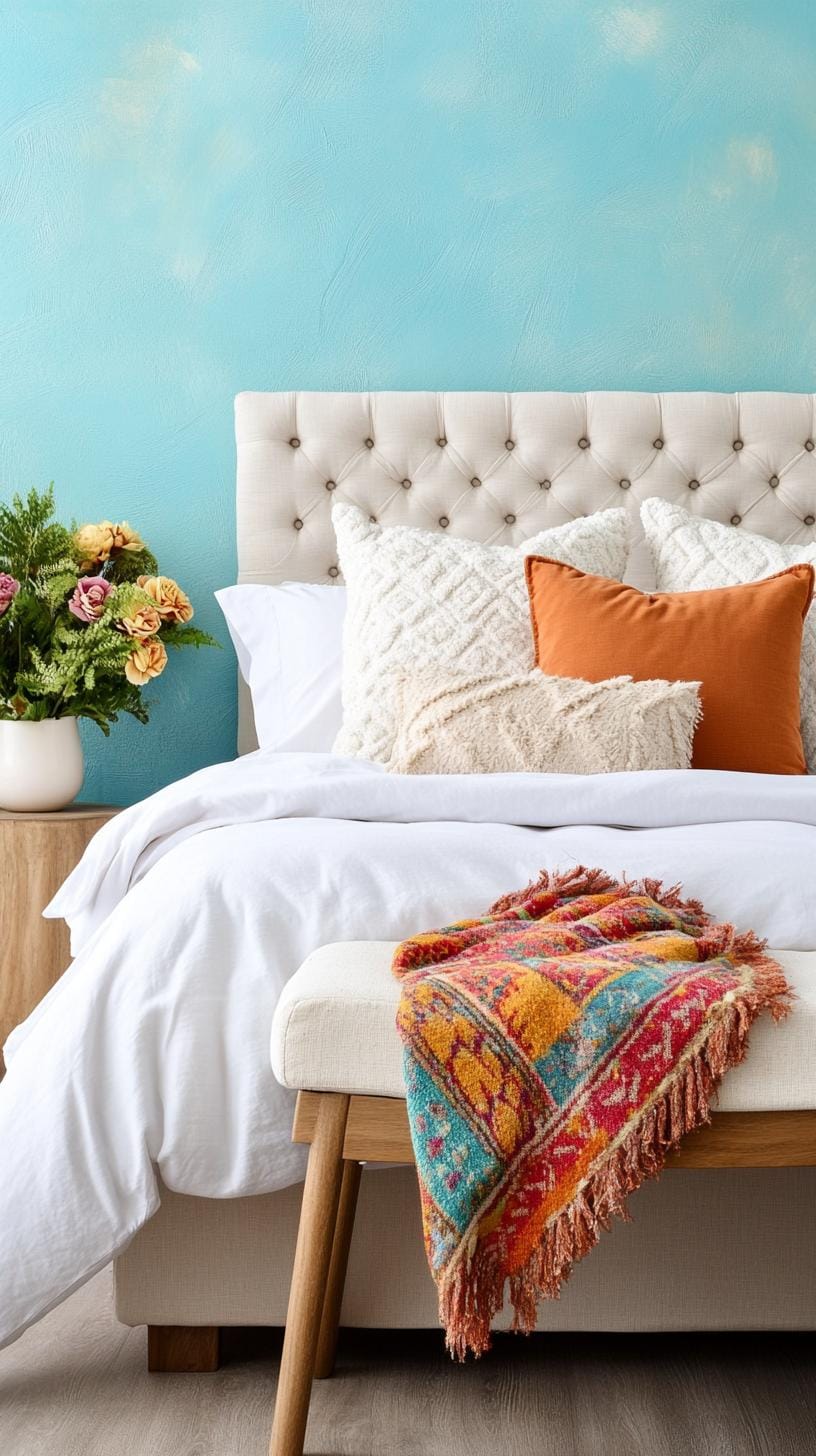21 Best Blue Boho bedroom ideas to inspire you 67 21. Blue Haze Harmony: Build a reflective haze with a steamed blue background paper and rich wall carpet.